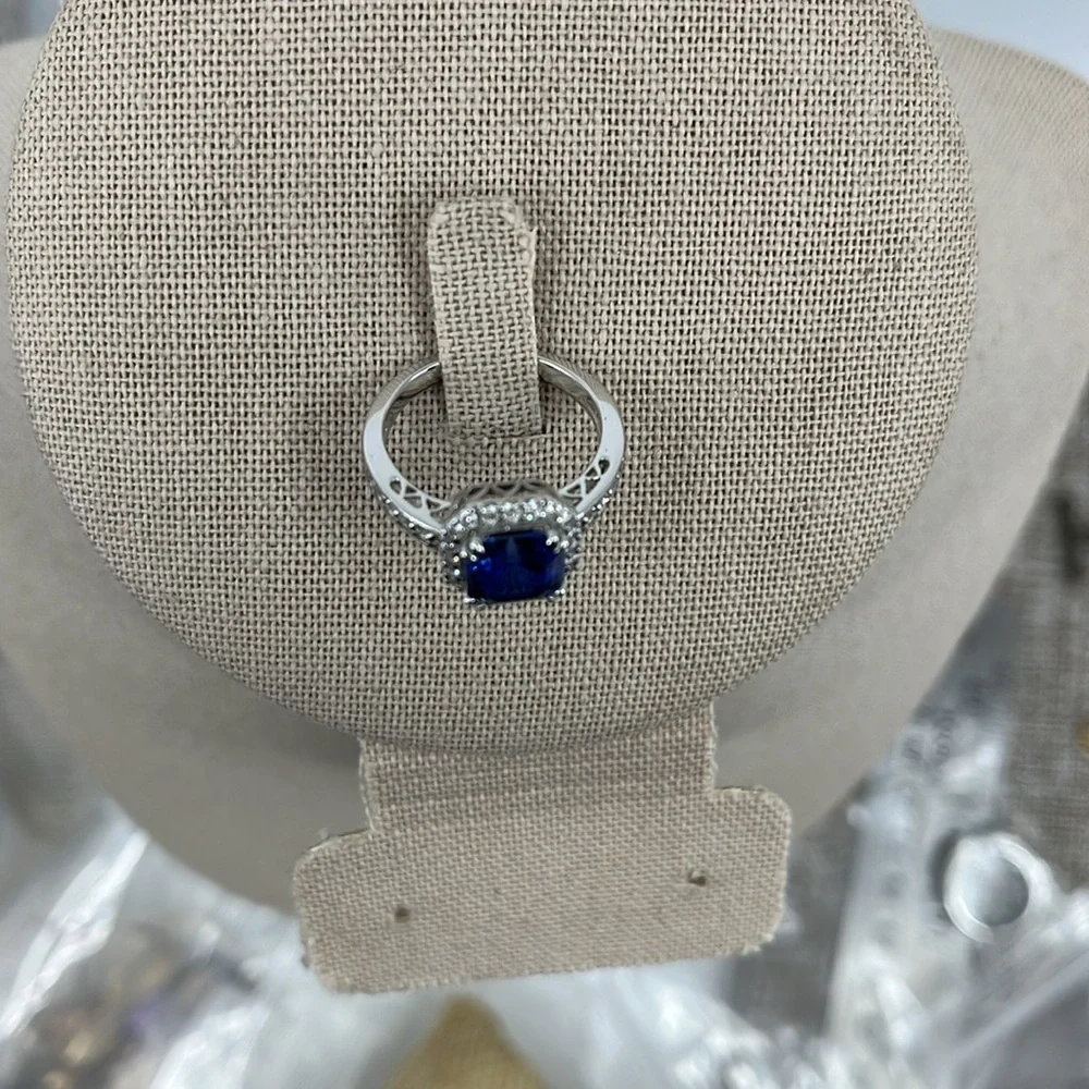 Sterling Silver 925 ๐ Blue Sapphire CZ Halo Ring - Size 7 - Picture 7 of 17